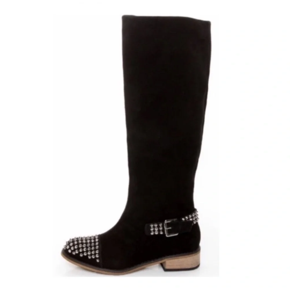 KELSI Dagger Studded Cup toe Rover Suede Knee High Riding Moto Boot in Black